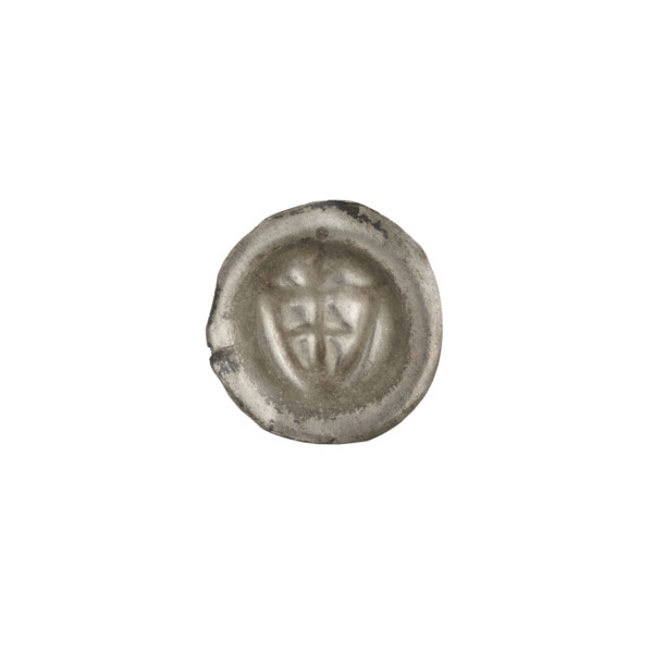 Denarius - bracteate; one-sided coin depicting a triangular shield with a cross whose arms reach