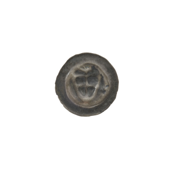 Denarius - bracteate; one-sided coin depicting a triangular shield with a cross whose arms reach
