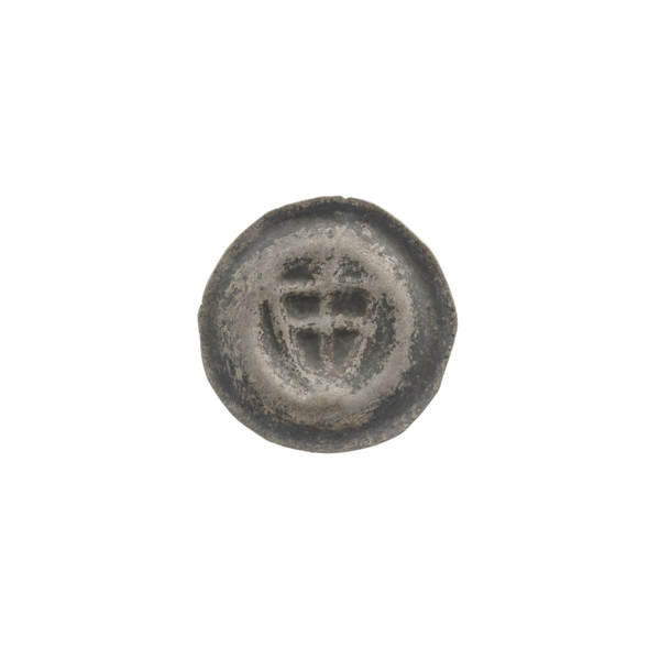 Denarius - bracteate; one-sided coin depicting a triangular shield with a cross whose arms reach