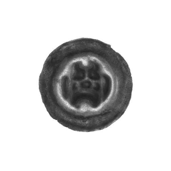 Denarius (bracteate). One-sided coin (bracteate) showing a gate with three pillars topped by