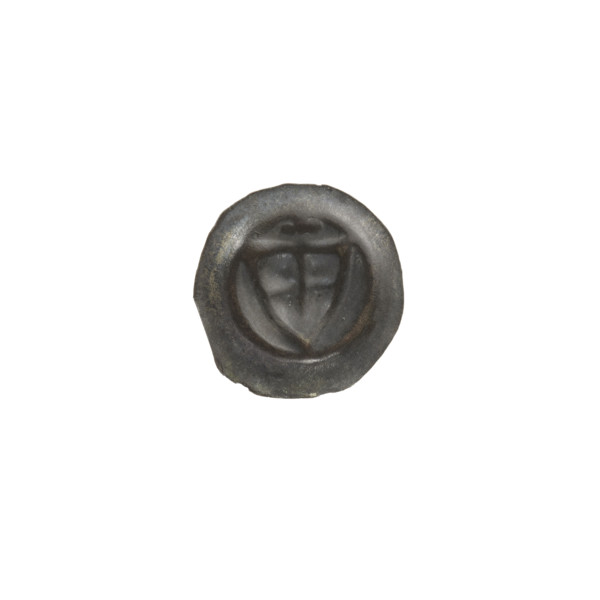 Denarius (bracteate), one-sided coin depicting a triangular shield with a cross whose arms reach