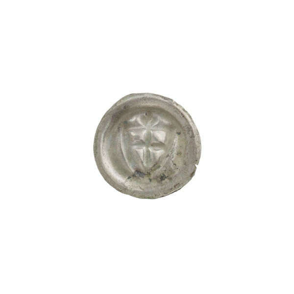 Denarius - bracteate; one-sided coin. Obverse: triangular shield with a cross whose arms reach the