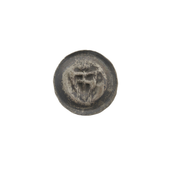 Denarius (bracteate). One-sided coin featuring a triangular shield bearing a cross with arms