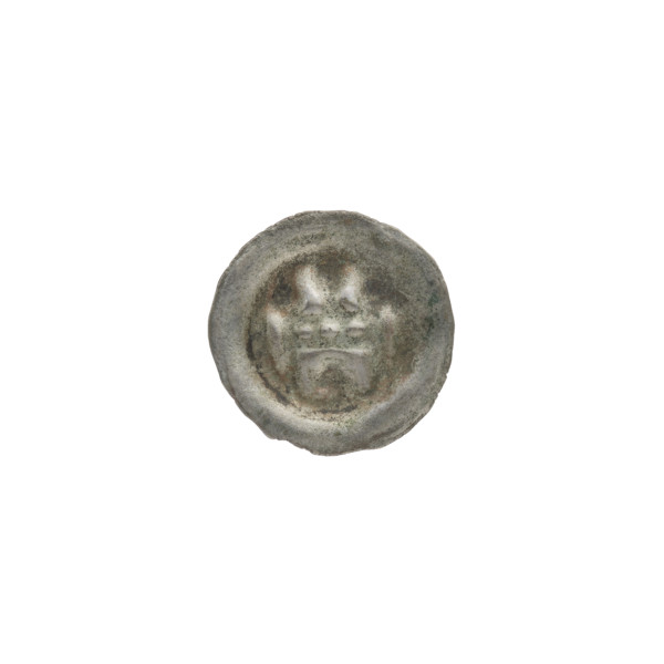 Denarius bracteate; gate topped with three posts each topped with trefoils. Under the straight