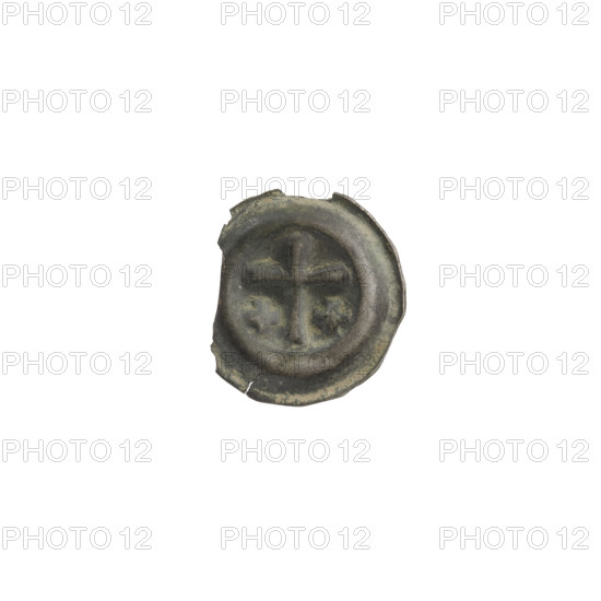 Denarius (bracteate), one-sided coin; depicts a Latin cross with slightly widening arm ends, with