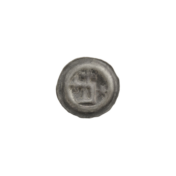 Denarius bracteate, rectangular letter D with two attached crosses, one-sided coin featuring two