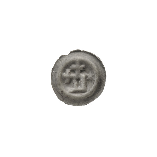 Denarius bracteate, rectangle-D (iconographic); one-sided silver coin featuring a rectangular