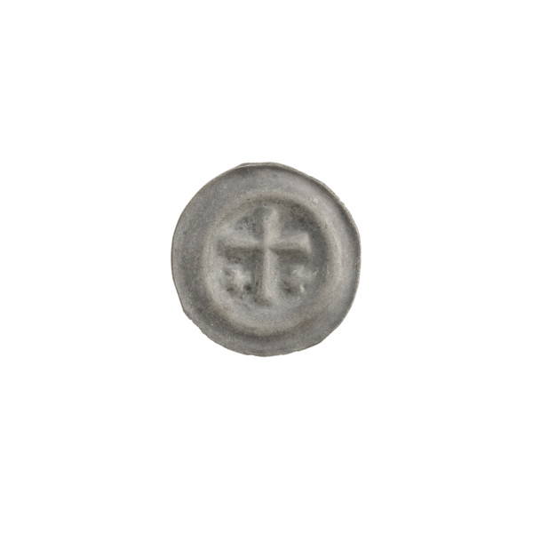 Denarius (bracteate); one-sided coin depicting a Latin cross with slightly widening arm ends; on