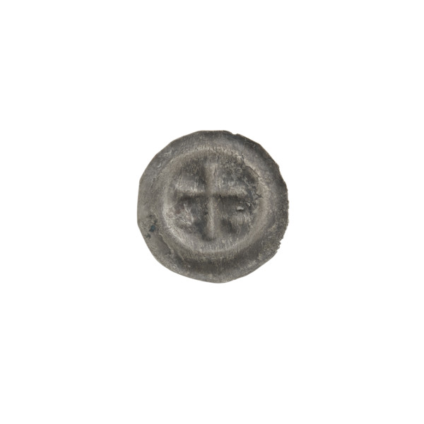 Denarius bracteate coin, one-sided, featuring a Latin cross with slightly widening arm ends; on