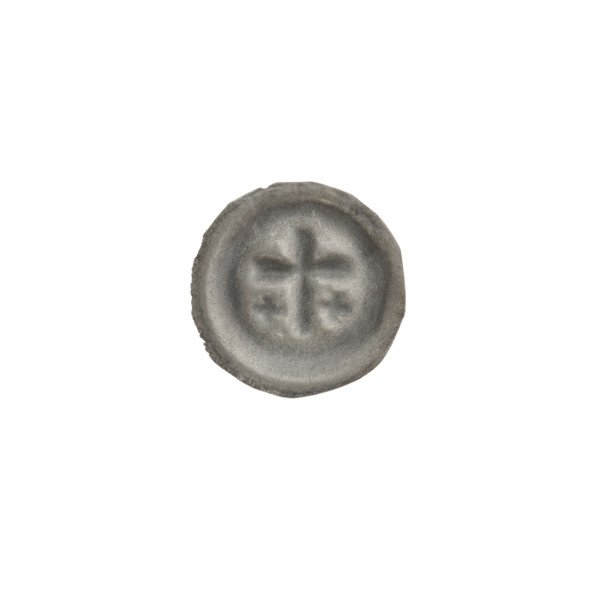 Denarius bracteate; one-sided coin featuring a Latin cross with slightly widening arm ends; on each