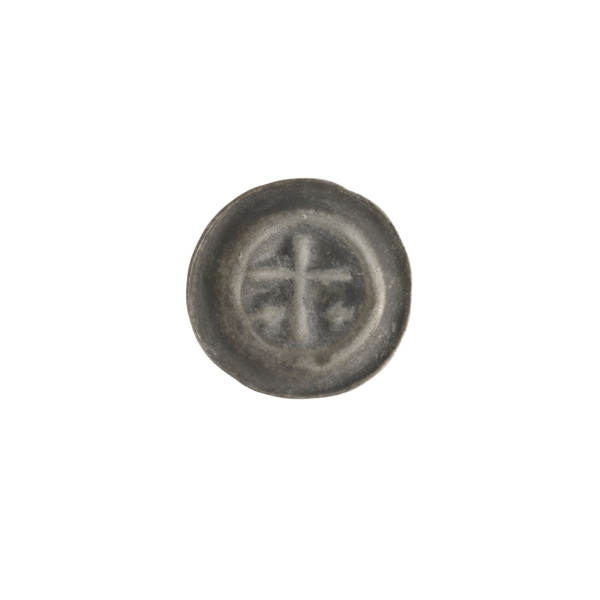 Denarius (bracteate), one-sided coin depicting a Latin cross with slightly widening arm tips; on
