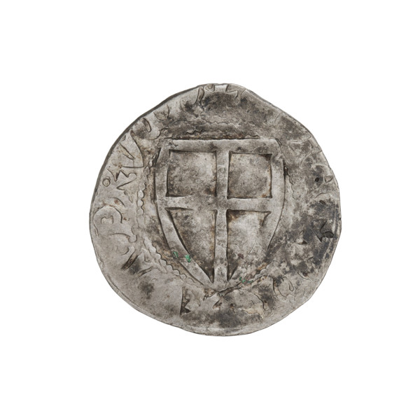 Teutonic szelag, Ulrich von Jungingen (Grand Master, 1407–1410). Obverse: monastic shield of the