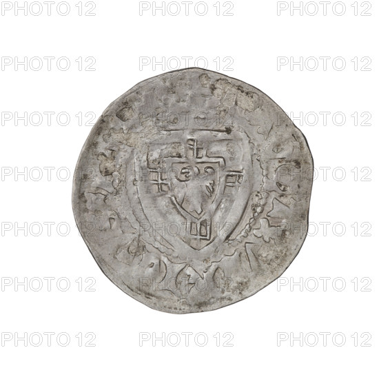 Teutonic szelag, Ulrich von Jungingen (Grand Master; 1407–1410). Obverse: monastic shield of the