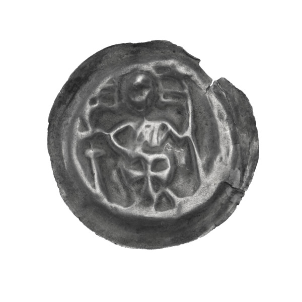 denarius - bracteate, R6 (rarity); subject: standing knight with pennant, cross, and Teutonic