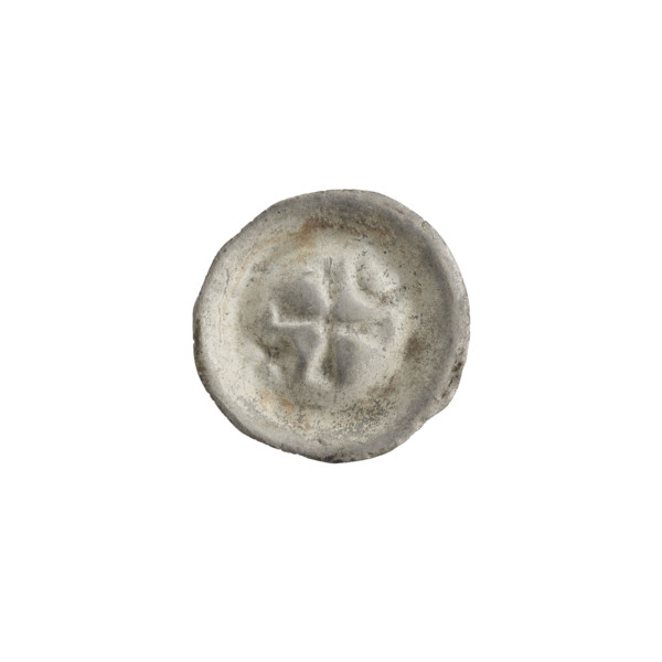 Denarius (bracteate), one-sided coin depicting an isosceles cross with widening arms; in one angle