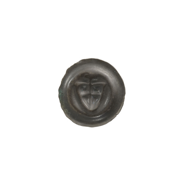 Denarius - bracteate; one-sided coin depicting a triangular shield with a cross whose arms reach
