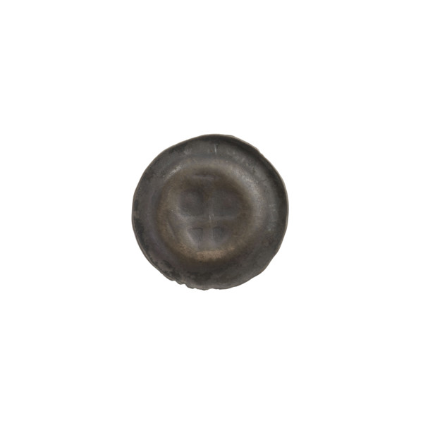 Denarius (bracteate); one-sided coin depicting a triangular shield with a cross whose arms reach