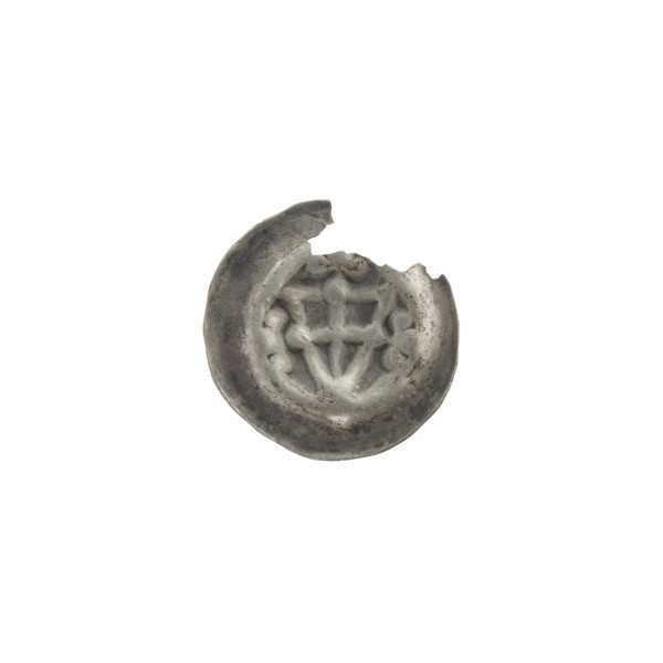 Denarius - bracteate. Triangular shield with a cross whose arms reach the shield's edge; on the