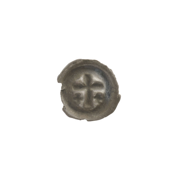 Denarius (bracteate), one-sided coin featuring a Latin cross with slightly widening arm tips; on