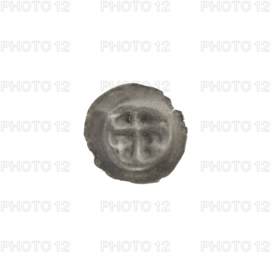 denarius - bracteate, Latin cross with slightly widening arm ends; on each side of its longer arm,