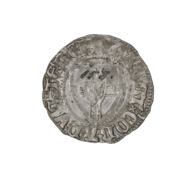 Teutonic szelag, Konrad von Jungingen (Grand Master; 1393–1407). Obverse: monastic shield of the
