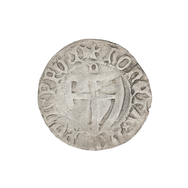 Teutonic szelag, Henryk von Plauen (Grand Master; 1410–1413), letter D (above the shield, right),