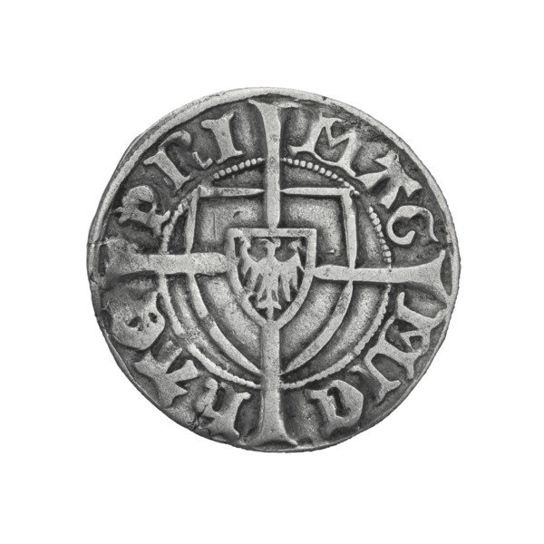 Teutonic szelag, Michal Küchmeister (Grand Master; 1414–1422). Obverse: monastic shield of the