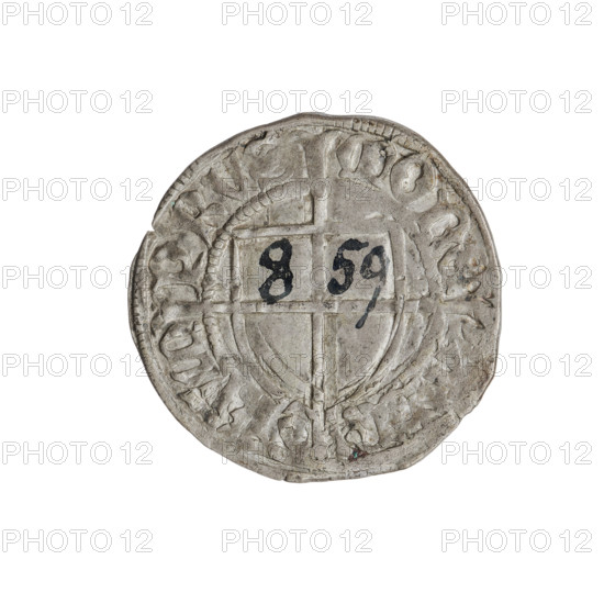 Teutonic szelag, Konrad von Erlichshausen (Grand Master; 1441–1449). Obverse: monastic shield of