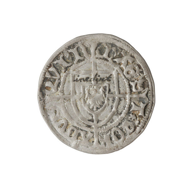 Teutonic szelag, Konrad von Erlichshausen (Grand Master; 1441–1449). Obverse: monastic shield of