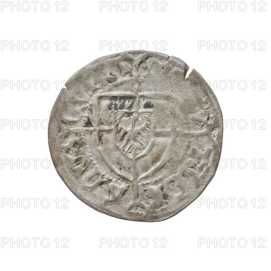 Teutonic szelag, Konrad von Erlichshausen (Grand Master; 1441–1449). Obverse: monastic shield of