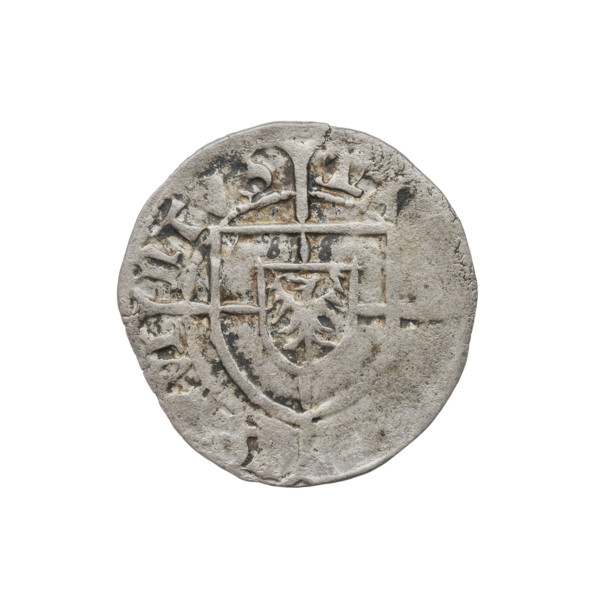 Teutonic szelag, Konrad von Erlichshausen (Grand Master; 1441–1449). Obverse: monastic shield of