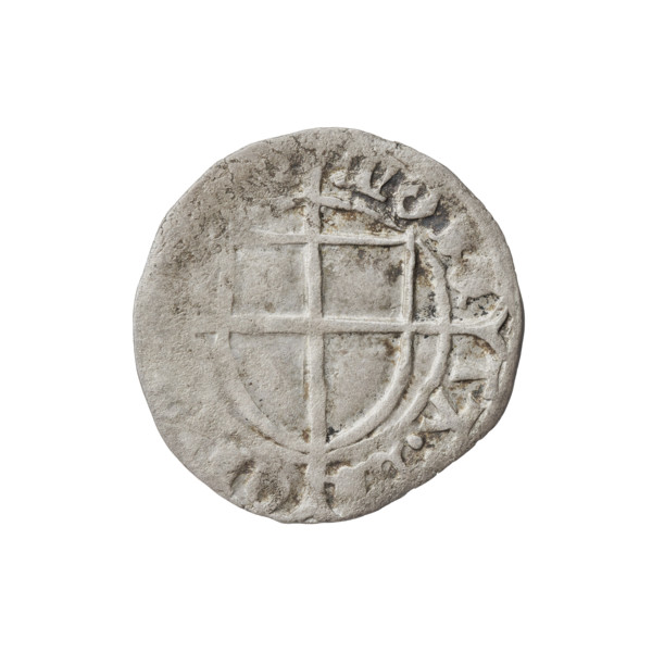 Teutonic szelag, Konrad von Erlichshausen (Grand Master; 1441–1449). Obverse: monastic shield of
