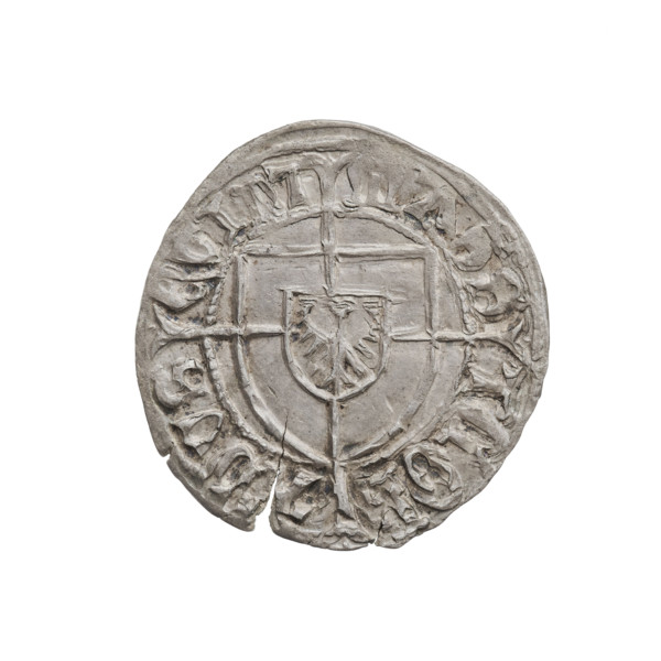 Teutonic szelag, Konrad von Erlichshausen (Grand Master; 1441–1449). Obverse: monastic shield of