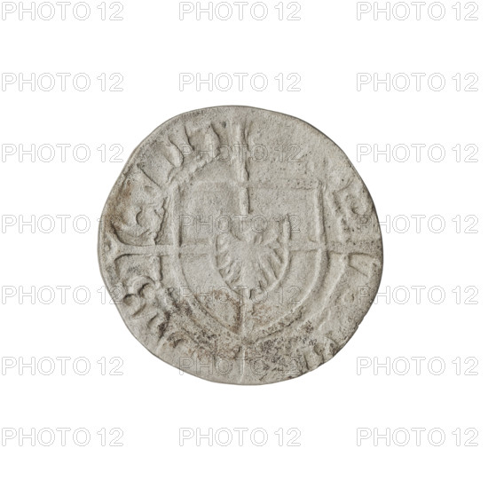 Teutonic szelag, Konrad von Erlichshausen (Grand Master; 1441–1449). Obverse: monastic shield of
