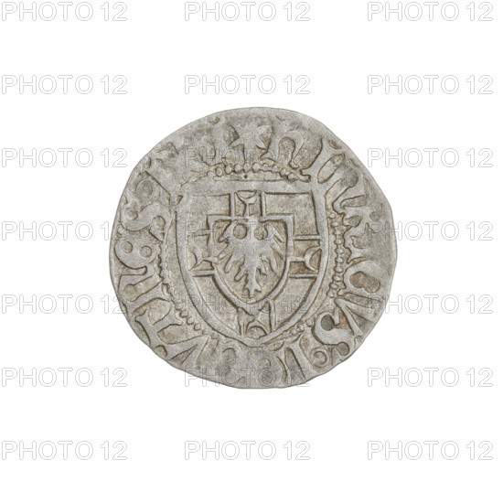 Teutonic szelag, Henryk Reuss von Plauen (Grand Master; 1467–1469). Obverse: monastic shield of the
