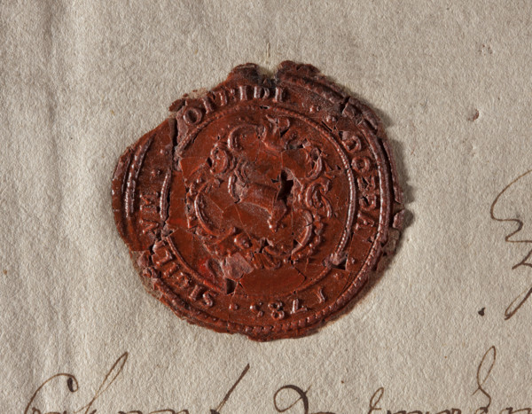 Round wax impression of the seal of Dobra. On the decorative cartouche, the end. Inscription around