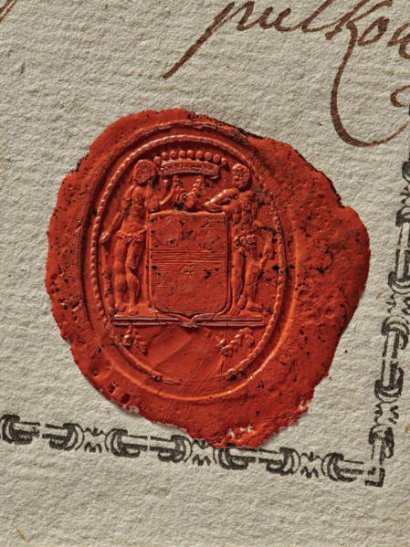 Oval wax impression of the signet seal of Colonel de Pouppart. Under the nine-baton count's crown