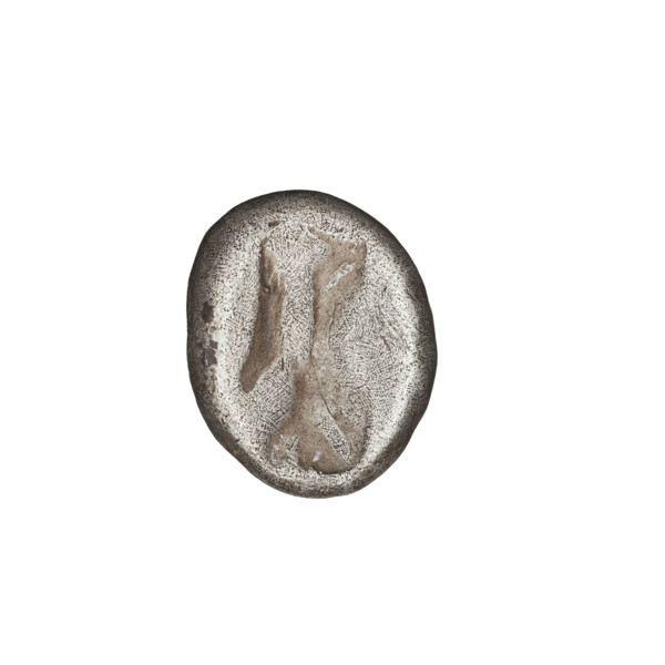 Shekel (Achaemenid, 550–330 BC). Obverse: male figure wearing a crown in a long robe, kneeling on