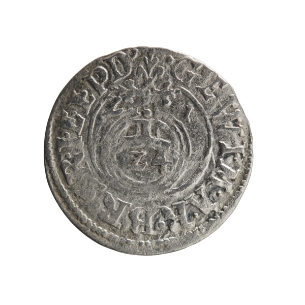 One-and-a-half coin by Ernest Pfahler. Obverse: royal orb with a cross whose arms terminate in