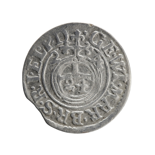 One and a half (coin). Obverse: royal orb with a cross whose arms terminate in finials; lower part