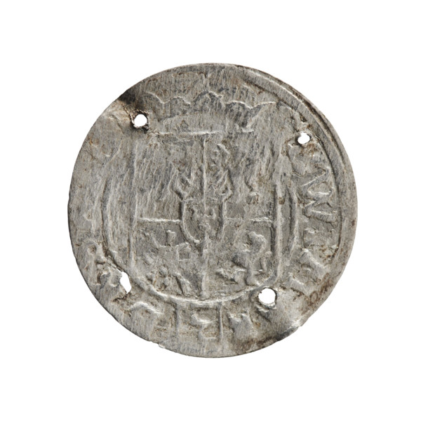 One-and-a-half coin (1624). Obverse: under the ducal mitre, a five-field coat of arms; below in the