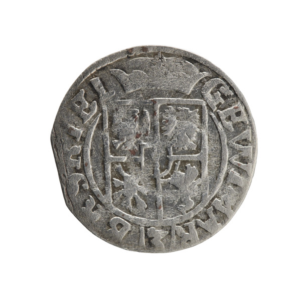 One-and-a-half coin, maker Ernest Pfahler. Obverse: under a ducal mitre, a five-field heraldic
