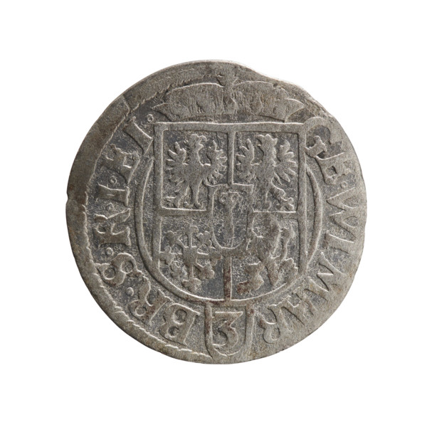 One-and-a-half coin. Obverse: under a ducal mitre, a five-field heraldic shield with the value