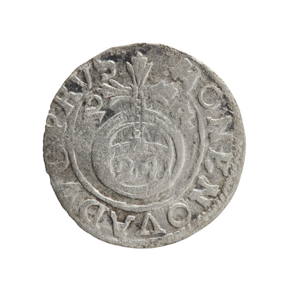 One-and-a-half (coin). Obverse: Under the ducal mitre a five-field heraldic shield; below in the
