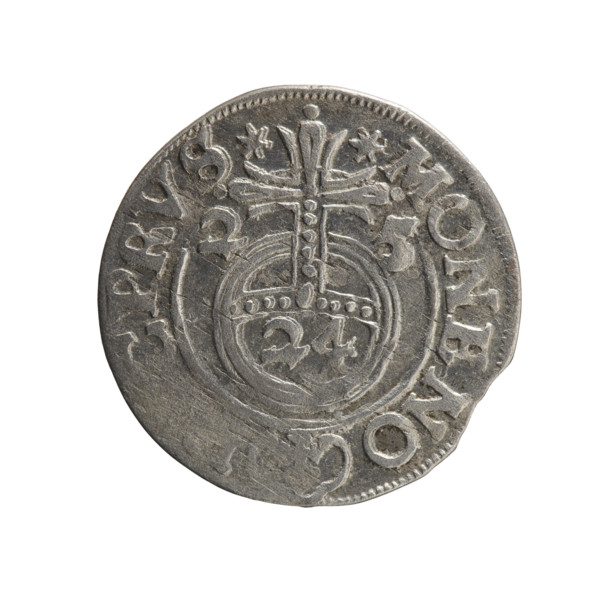 One-and-a-half (3/2) coin, Ernest Pfahler. Obverse: under ducal mitre, five-field heraldic shield