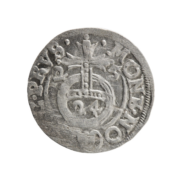One-and-a-half (3 pfennige?). Pfahler, Ernest. Cross (iconographic), orb of rule (iconographic).