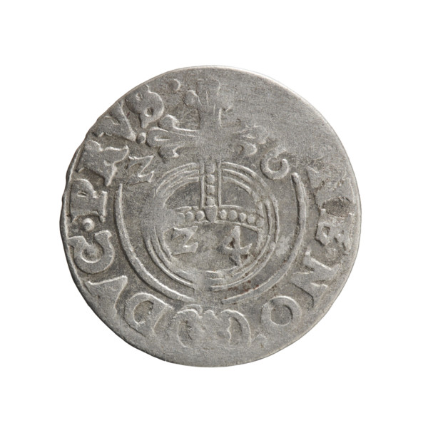 One-and-a-half coin (1626). Maker: Ernest Pfahler. Obverse: Under a ducal mitre, a five-field