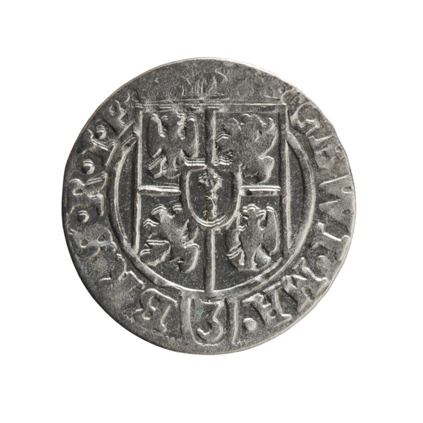 One and a half (coin). Obverse: Under the ducal mitre, a five-field heraldic shield with the value