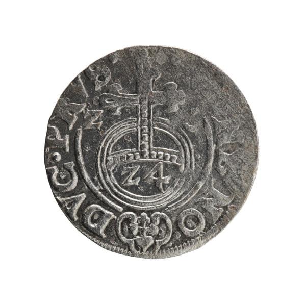 One-and-a-half (coin). Obverse: Under a ducal mitre, a five-field coat of arms; on the rim between