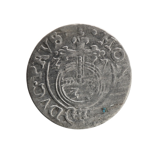 One-and-a-half, Ernest Pfahler. Obverse: Under a ducal mitre, a five-field coat of arms with the